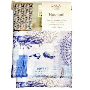 Nautical Postcard Fabric Shower Curtain Sailing Ship Lobster Sealife Blue White
